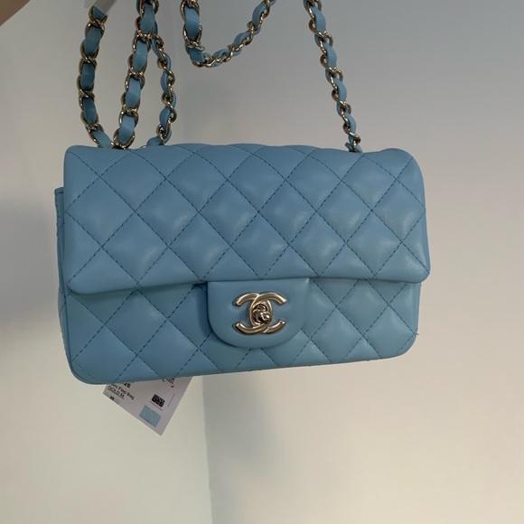 22S CHANEL  Blue Classic Mini Flap Bag Lambskin Rectangular 2022 GHW NWT - Picture 13 of 15